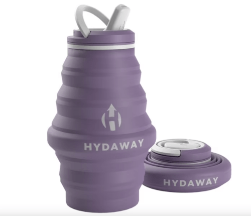 A collapsible purple water bottle with a white lid, labeled "HYDAWAY," next to its rolled-up version.